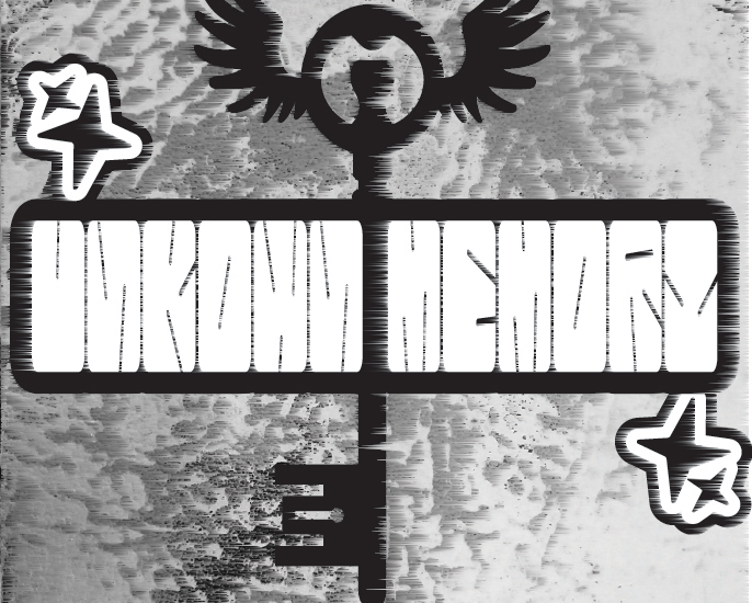 Monochrome graphic artwork featuring a symbolic emblem combining a key and wings, set against a distressed textured background.