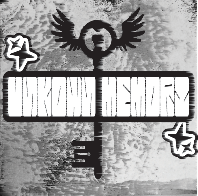 Monochrome graphic artwork featuring a symbolic emblem combining a key and wings, set against a distressed textured background.