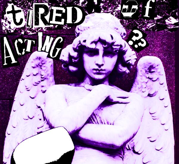 Experimental collage artwork featuring a classical angel statue combined with a theatrical mask, distressed typography, and symbolic graphic elements exploring performative identity.