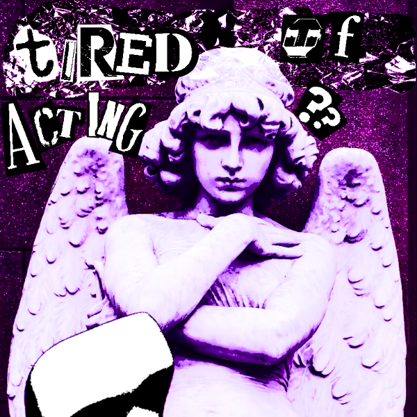 Experimental collage artwork featuring a classical angel statue combined with a theatrical mask, distressed typography, and symbolic graphic elements exploring performative identity.