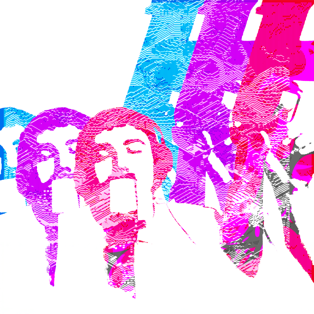 An experimental portrait exploring identity through layered forms, glitch aesthetics, and bold colour separation.