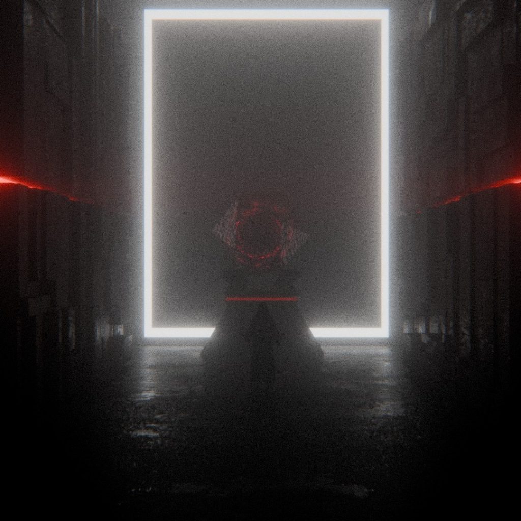Cinematic 3D corridor scene with a glowing white rectangular portal, red horizontal light beams, heavy fog, and a dark symmetrical environment creating a sense of tension and transition.