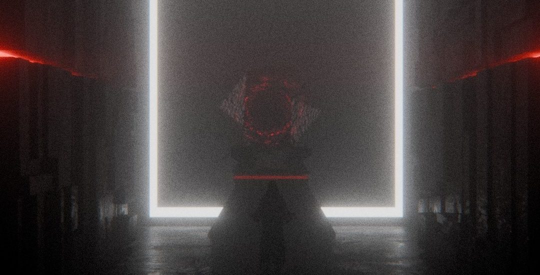 Cinematic 3D corridor scene with a glowing white rectangular portal, red horizontal light beams, heavy fog, and a dark symmetrical environment creating a sense of tension and transition.