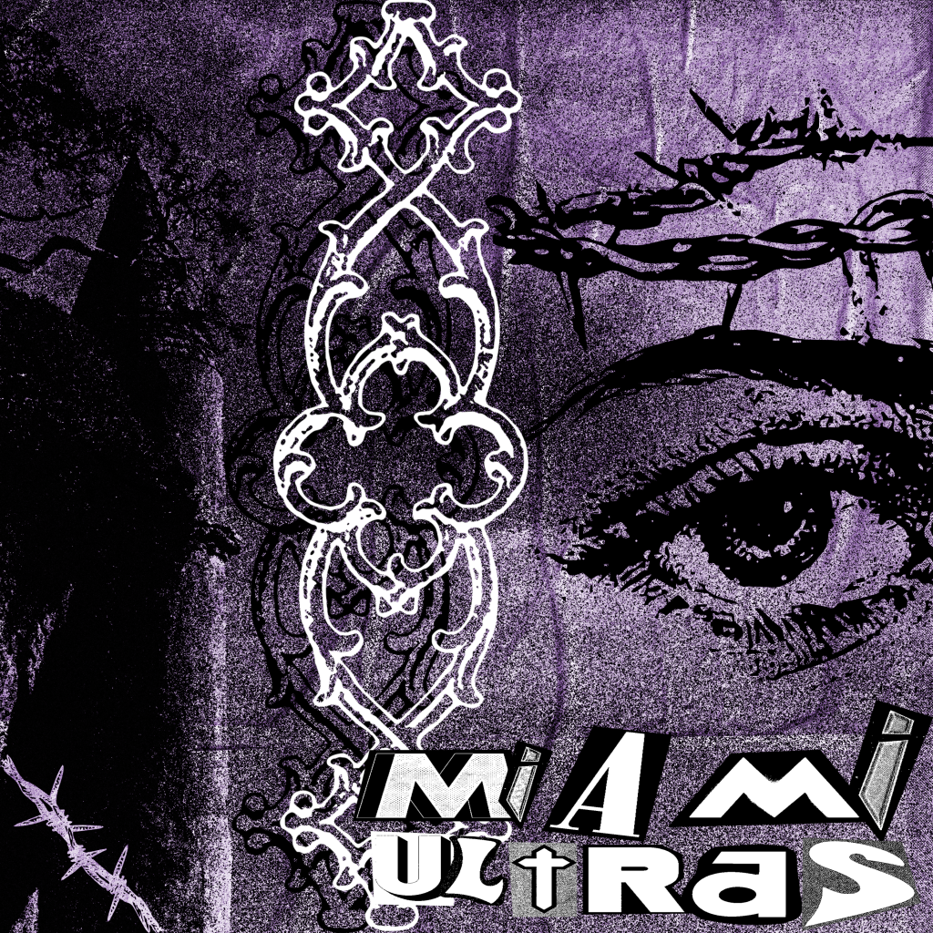 High-contrast graphic poster with bold typography, distressed textures, and symbolic ultra-inspired imagery in a purple colour palette