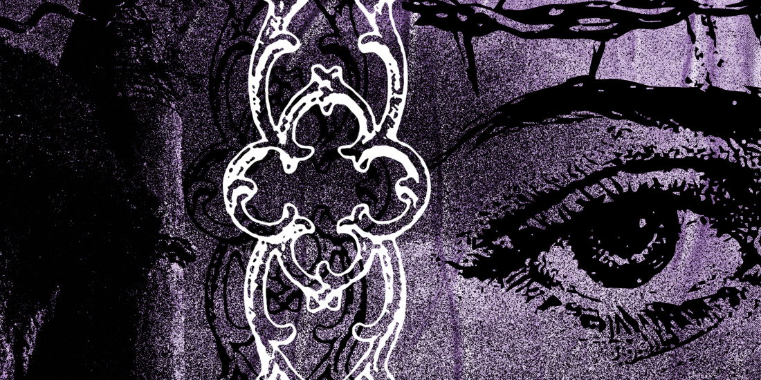 High-contrast graphic poster with bold typography, distressed textures, and symbolic ultra-inspired imagery in a purple colour palette