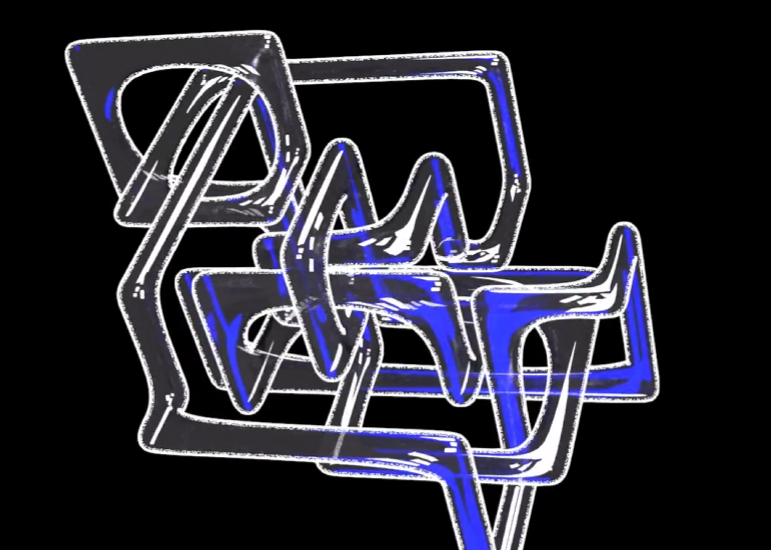 Abstract 3D sculptural form with sketch-style outlines and blue accents on a black background