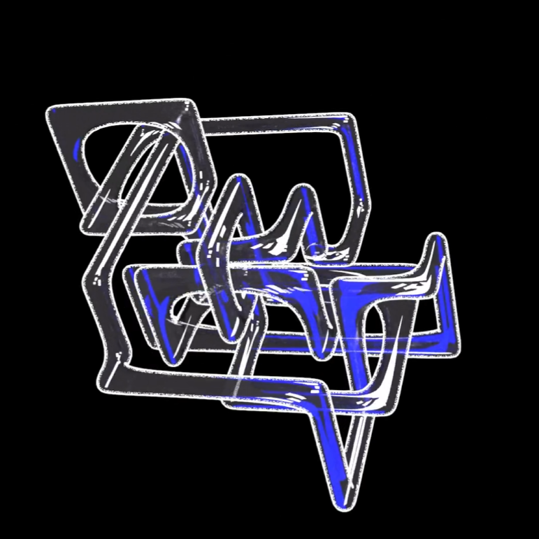 Abstract 3D sculptural form with sketch-style outlines and blue accents on a black background