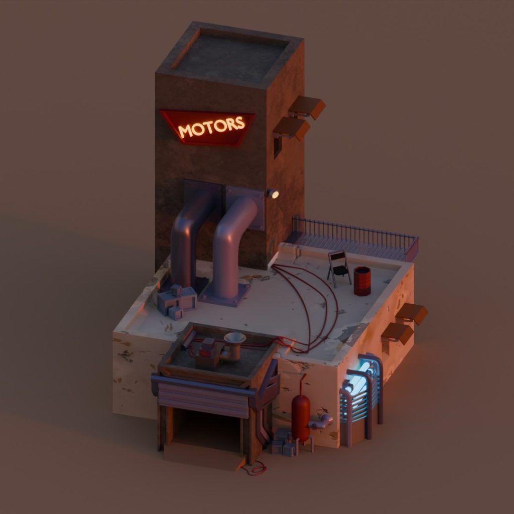 Clay render of stylised industrial motors building showing structure, scale and asset layout