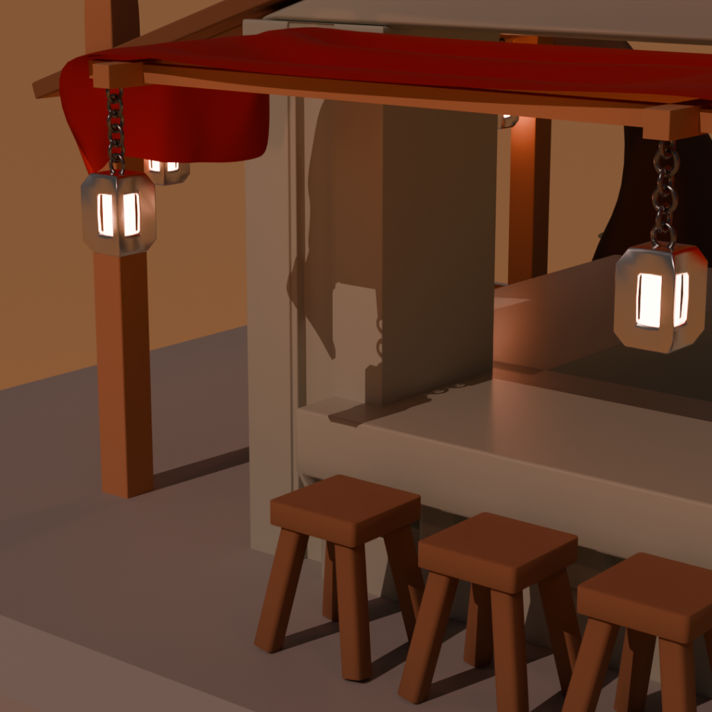 Low-poly tavern lanterns hanging under a red canopy