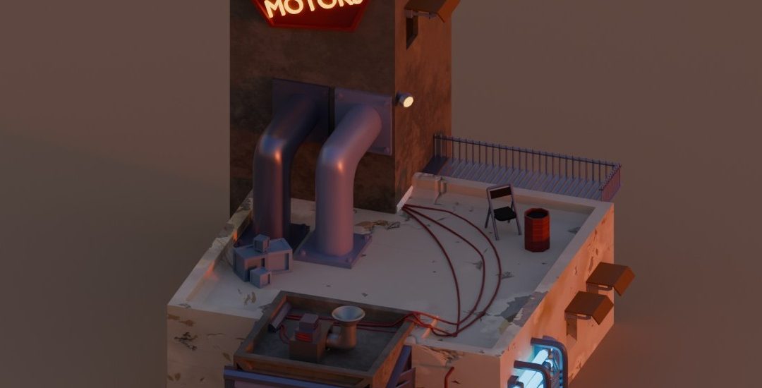 Clay render of stylised industrial motors building showing structure, scale and asset layout