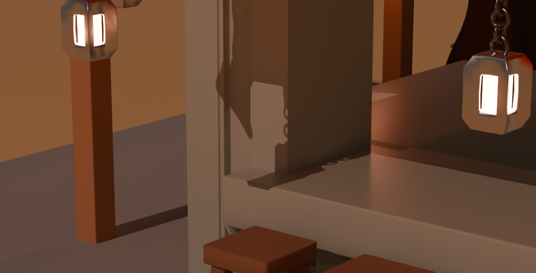 Low-poly tavern lanterns hanging under a red canopy