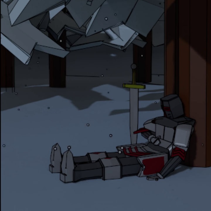A stylised 3D scene exploring atmosphere, composition, and outline rendering in a cold winter setting. The focus is on mood and storytelling through a single quiet moment: an exhausted knight resting in snow beside a grounded sword, framed by heavy angular rock forms and forest silhouettes.