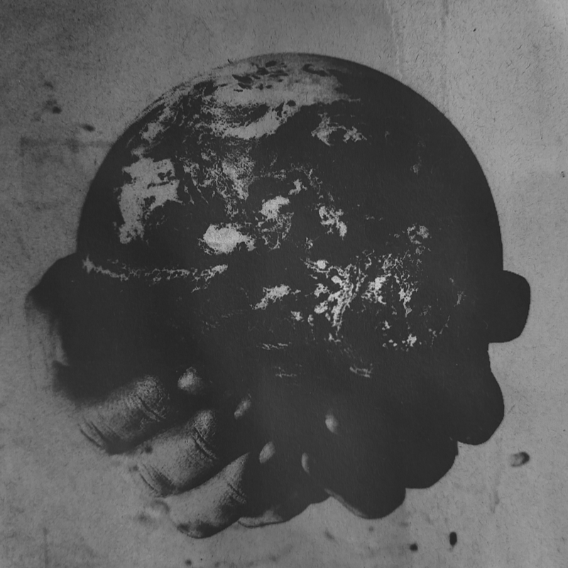 Monochrome artwork depicting a hand holding a globe-like form, symbolising burden and responsibility.