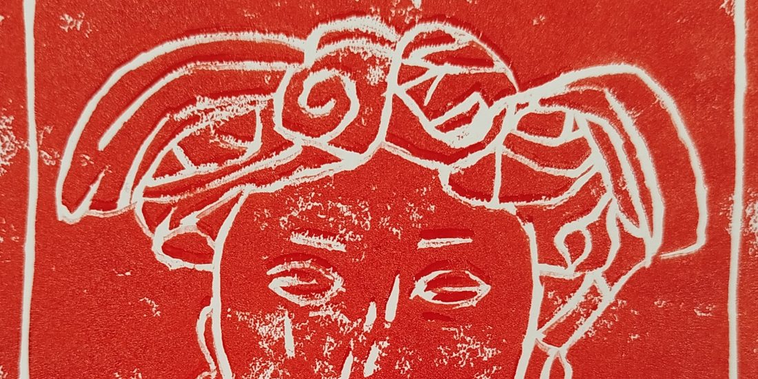 Red hand-printed poster featuring a stylised classical face and bold typography reading “This Is His City”.