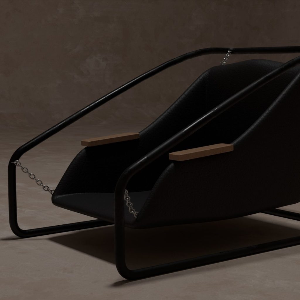 Black leather lounge chair with metal frame and chains, 3D render