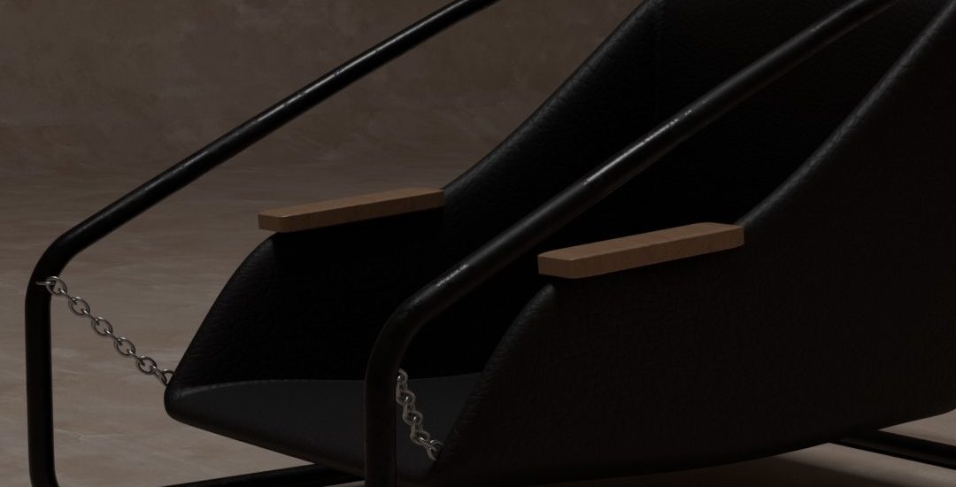 Black leather lounge chair with metal frame and chains, 3D render