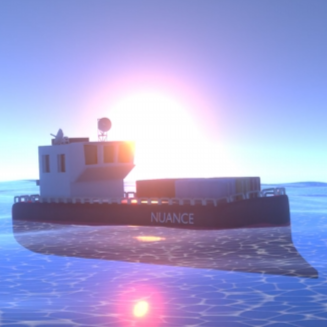 Cinematic 3D render of a ship floating on calm ocean water at sunrise in vertical format