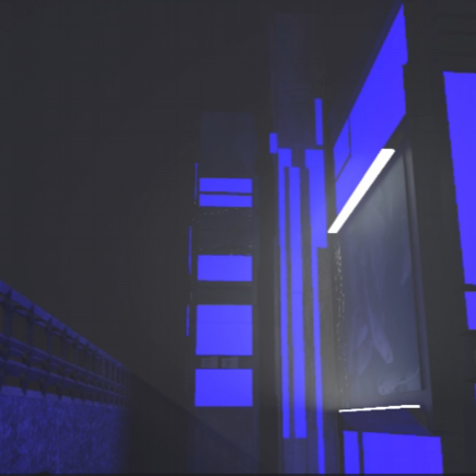 3D architectural corridor rendered in blue light with cinematic camera movement.