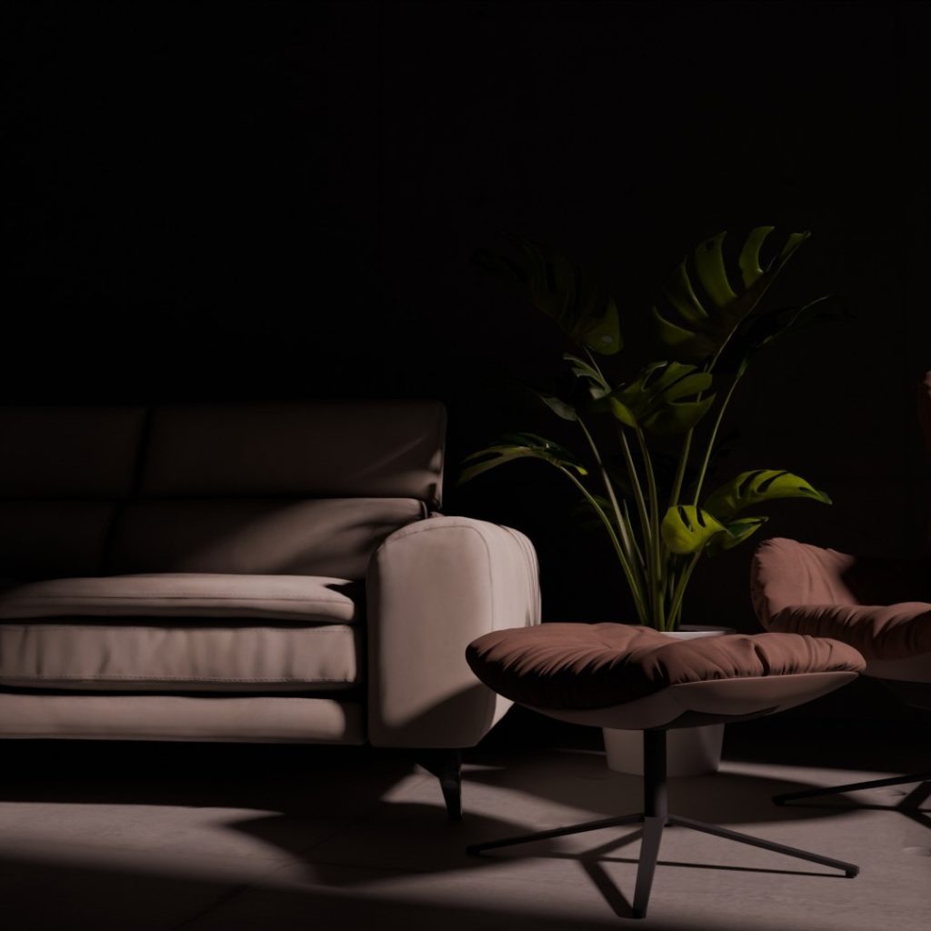 Moody 3D interior scene with modern sofa, armchair, ottoman and plant, lit with soft cinematic lighting against a dark background