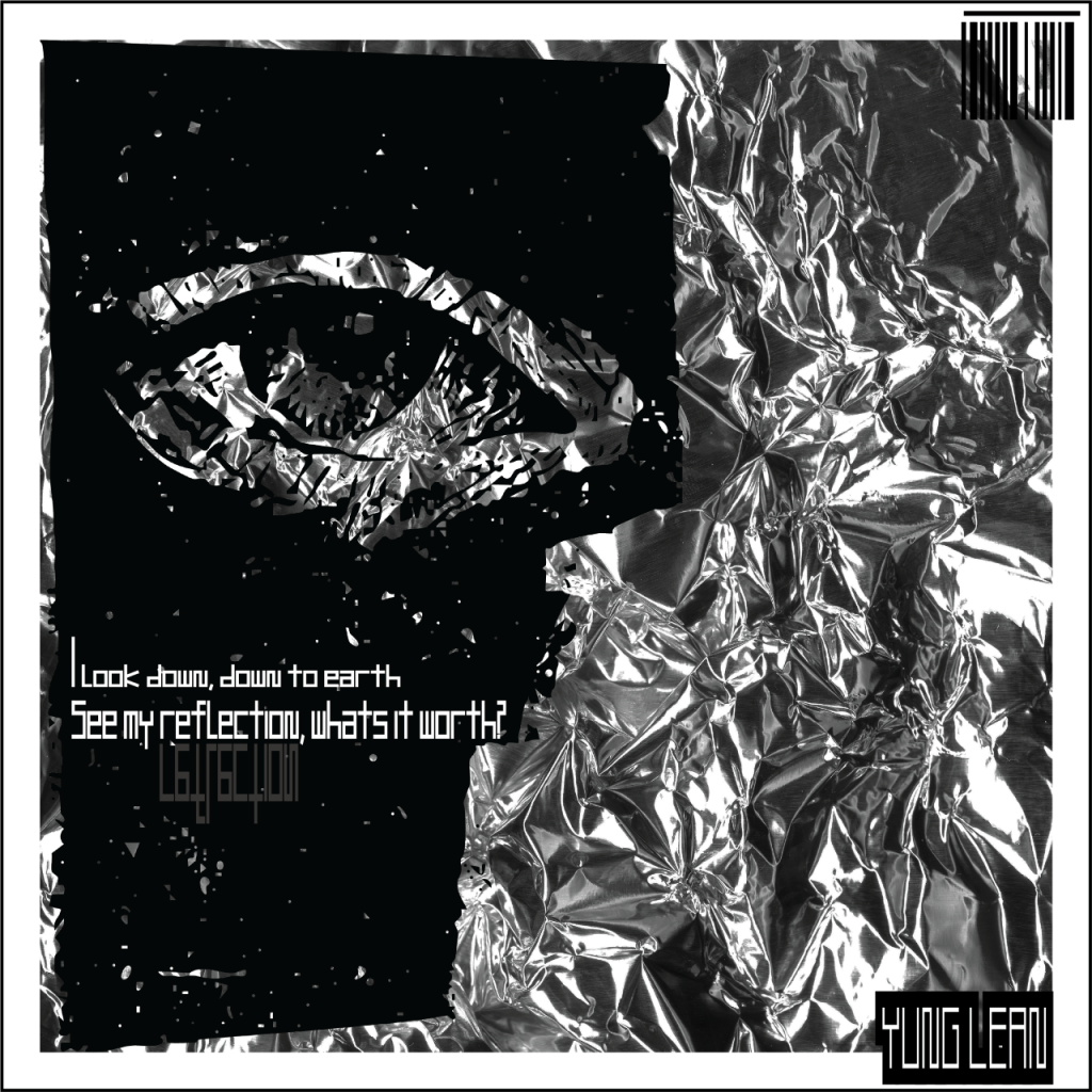 Monochrome collage artwork featuring a fragmented eye layered over reflective foil textures with minimal typography.