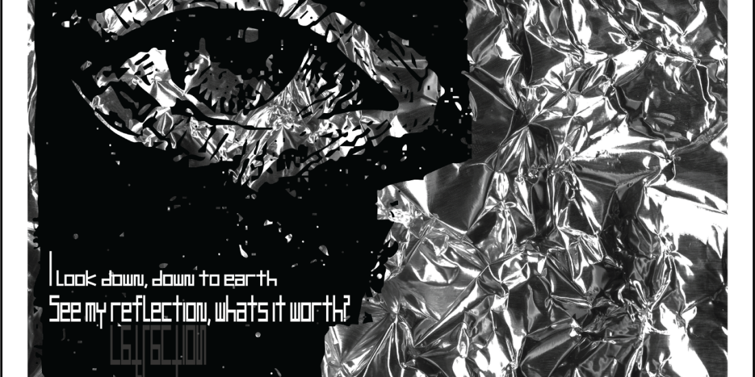 Monochrome collage artwork featuring a fragmented eye layered over reflective foil textures with minimal typography.